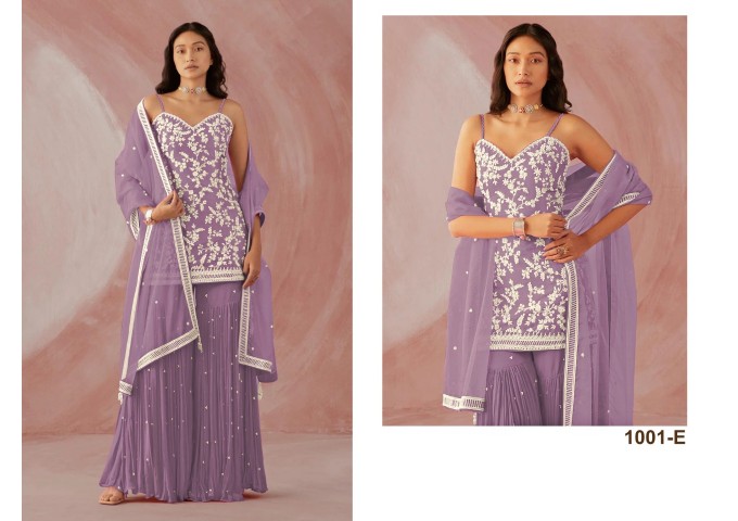 CAPRI DN 1001 HEAVY FOX GEORJET WITH EMROIDERY COTTON WORK WITH 3mm RAINBOW SIQVANCE WORK PALAZZO SUIT PURPLE