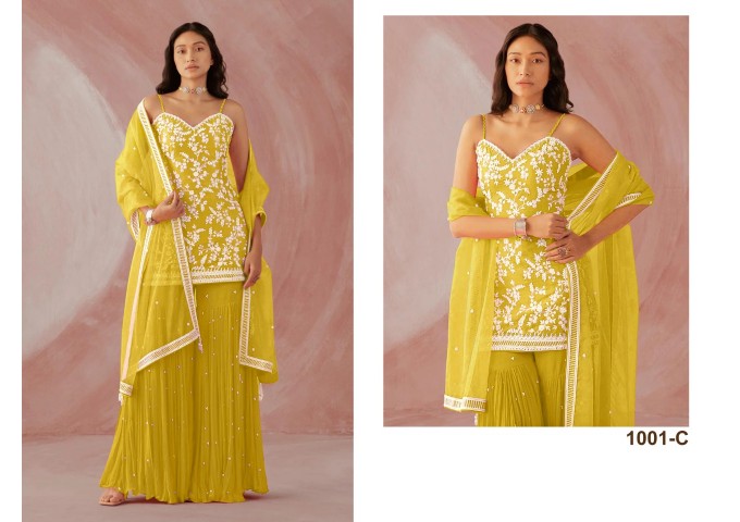 CAPRI DN 1001 HEAVY FOX GEORJET WITH EMROIDERY COTTON WORK WITH 3mm RAINBOW SIQVANCE WORK PALAZZO SUIT YELLOW