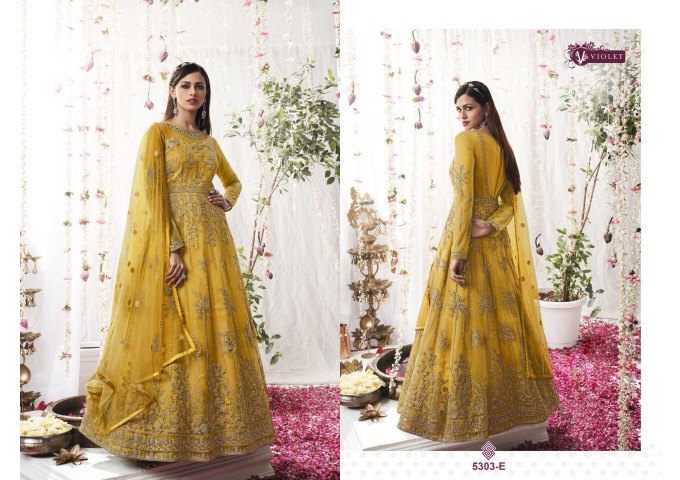 Swagat Violet Gown Suit DN 5305 Heavy Butterfly Net With Embroidery Yellow