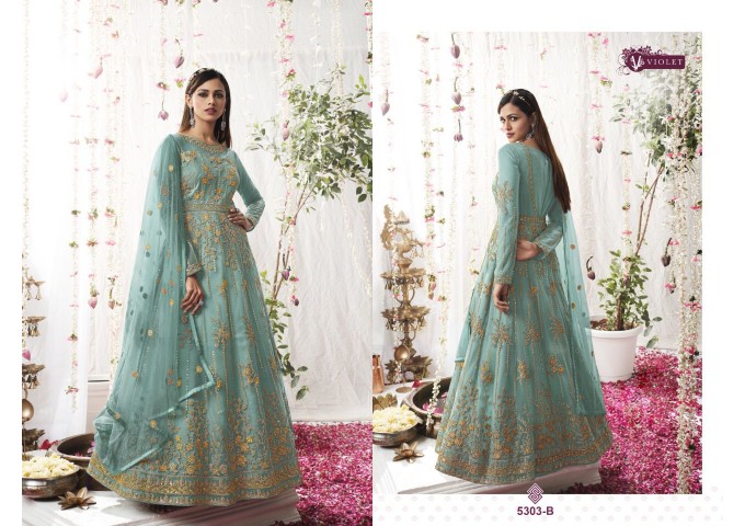 Swagat Violet Gown Suit DN 5305 Heavy Butterfly Net With Embroidery Green