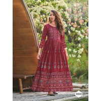 Glamour's Vol 2 Long Printed With  Full Flair Gown Maroon