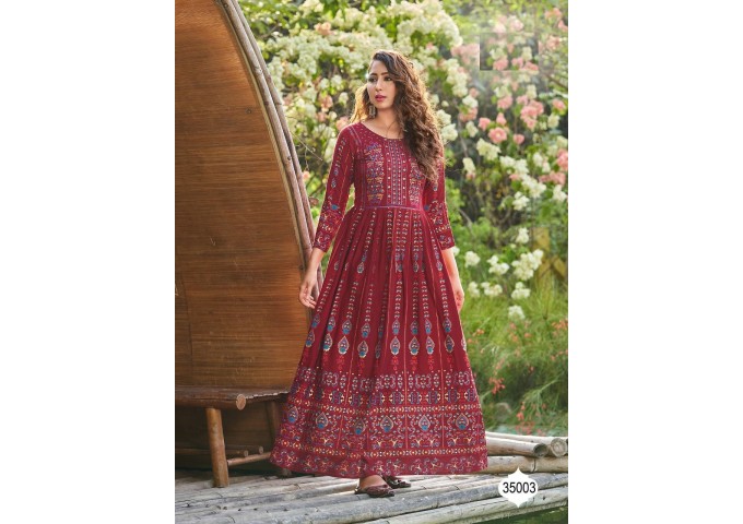 Glamour's Vol 2 Long Printed With  Full Flair Gown Maroon