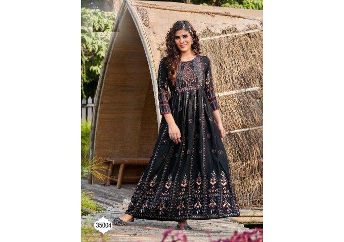 Glamour's Vol 2 Long Printed With  Full Flair Gown Black