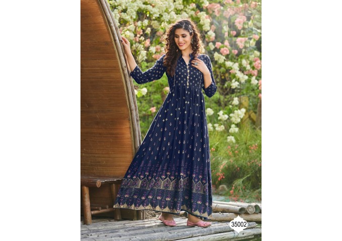 Glamour's Vol 2 Long Printed With  Full Flair Gown Blue