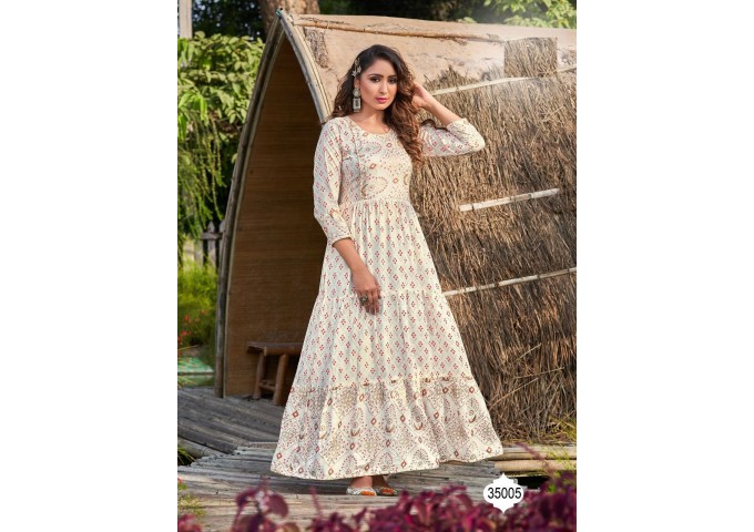 Glamour's Vol 2 Long Printed With  Full Flair Gown White