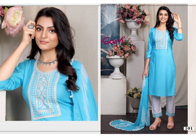 Soch Rayon With Embroidery Work Top Suit Sky Blue