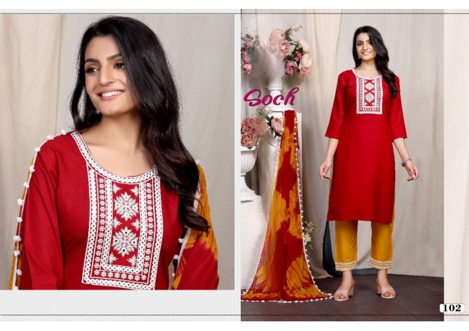 Soch Rayon With Embroidery Work Top Suit Red