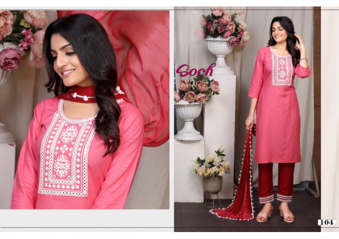 Soch Rayon With Embroidery Work Top Suit Pink