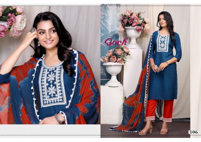 Soch Rayon With Embroidery Work Top Suit Blue