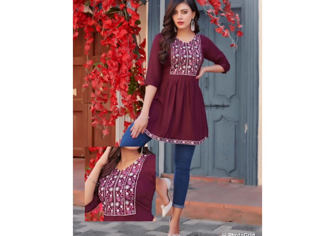 Gubbly  Embroidery Work Short Tops for Office and Regular Western Top Maroon