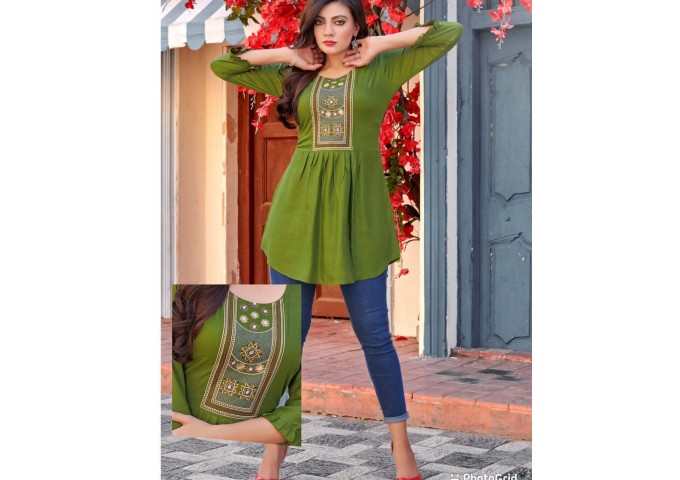 Gubbly  Embroidery Work Short Tops for Office and Regular Western Top Green