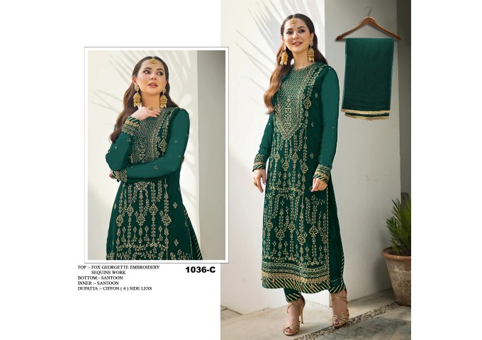 DN 1036 Heavy Fox Georgette With Heavy Embroidery & Sequence Work With less Suit Green