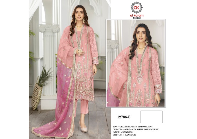 Alkaram DN 12786 Heavy Organza With Heavy Embroidery  (3mm) sequence Work Suit Pink