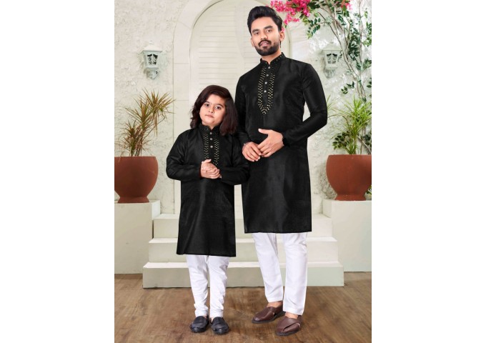 Men's & Kids Traditional wear Kurta Fabric- Silk Black
