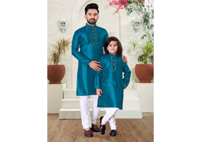 Men's & Kids Traditional wear Kurta Fabric- Silk Blue