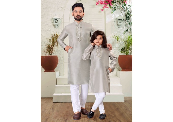 Men's & Kids Traditional wear Kurta Fabric- Silk Grey