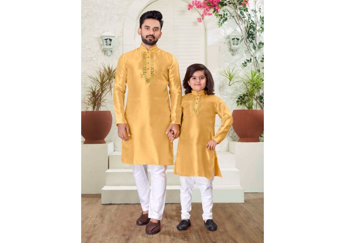 Men's & Kids Traditional wear Kurta Fabric- Silk Yellow