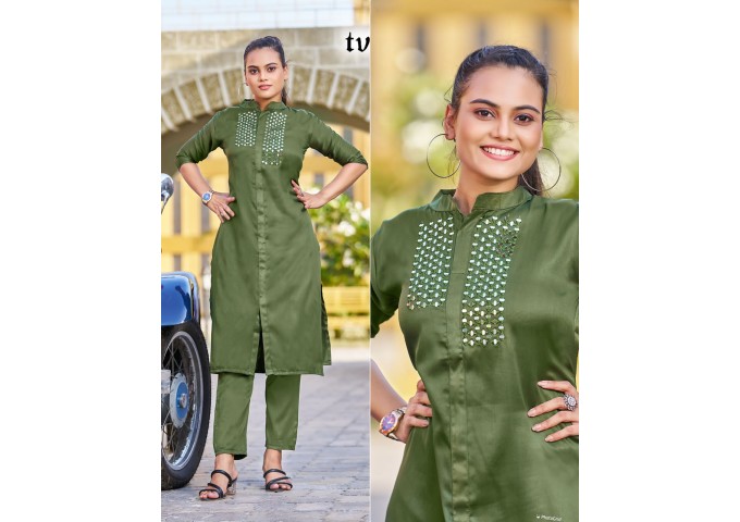 Look Me Kurti Pant with Embroidery Mirror Work Green