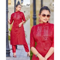 Look Me Kurti Pant with Embroidery Mirror Work Red