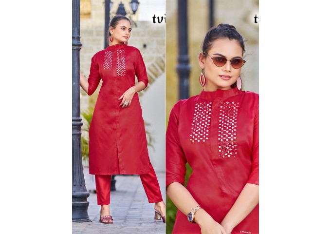 Look Me Kurti Pant with Embroidery Mirror Work Red