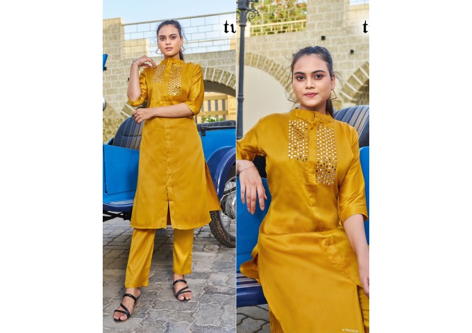 Look Me Kurti Pant with Embroidery Mirror Work Yellow