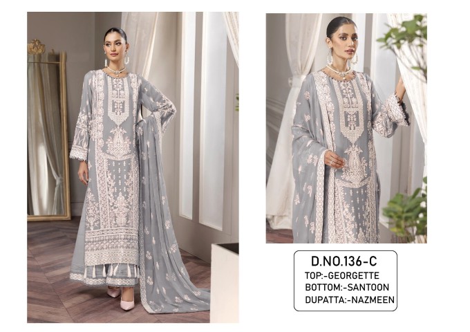 DN 136 Georgette With Embroidery Work And Mirror Work Suit White
