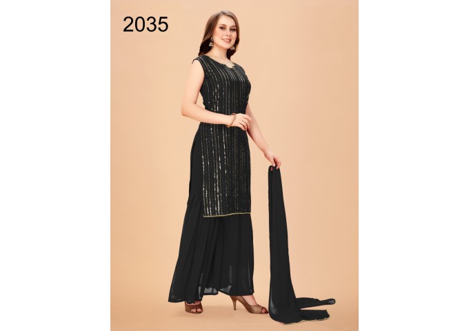 Fox Georgette with multi Sequence work inner attached American crape Sharara Suit Black