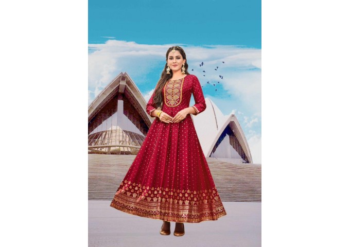  Designer Gown Style With Fancy Embroidery Work Red