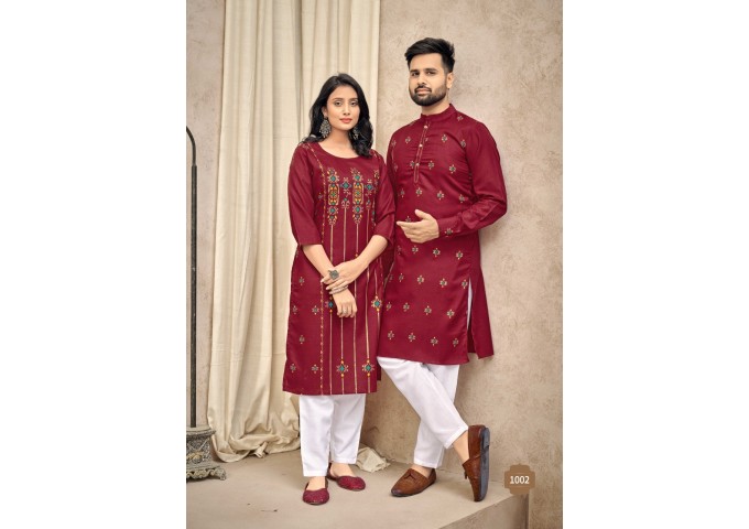 Couple kurta Kurti with Payjama Foil Print &  Stylist Pattern Red