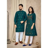 Couple kurta Kurti with Payjama Foil Print &  Stylist Pattern Dark Green