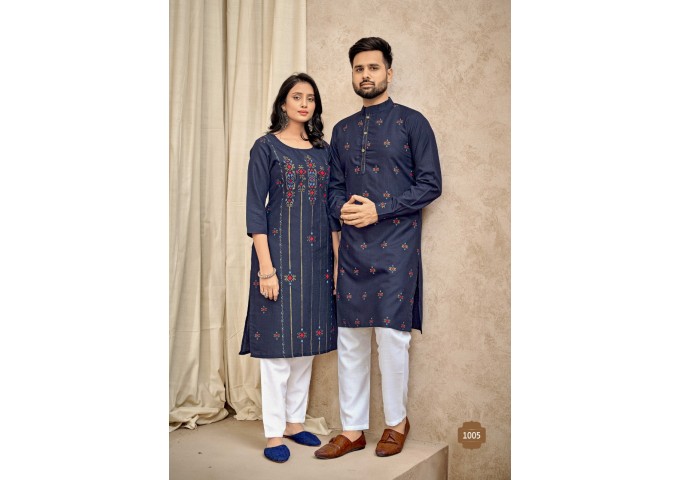 Couple kurta Kurti with Payjama Foil Print &  Stylist Pattern Blue
