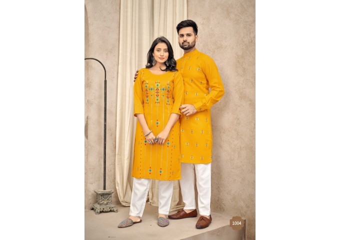 Couple kurta Kurti with Payjama Foil Print &  Stylist Pattern Yellow