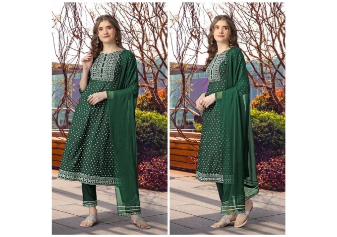 Rayon kurti pant Dupptta with Embroidery Work Green