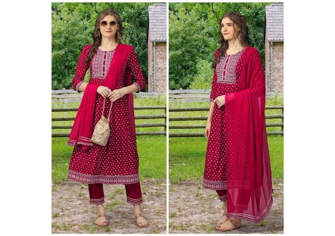 Rayon kurti pant Dupptta with Embroidery Work  Maroon Red