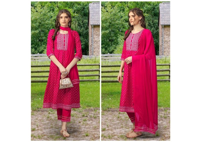 Rayon kurti pant Dupptta with Embroidery Work Pink