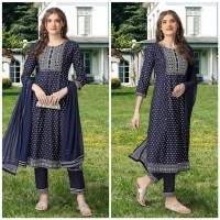 Rayon kurti pant Dupptta with Embroidery Work Black