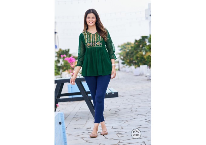 Short Tops in Heavy Embroidery Kurti Green
