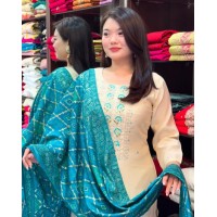 Graceful Banarasi Bandhej Suit Set Peacock Blue