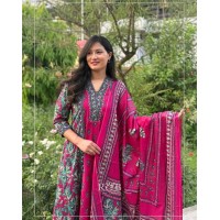 Cotton Printed A-Line Kurti Set with Dupatta and Palazzo Pants Cotton Pink