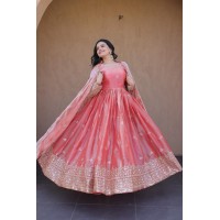 LFH KA DN 1260 Anarkali Gown Dupatta With Embroidery Sequence Work Pink
