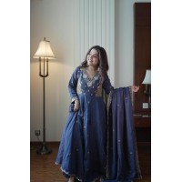  LFH LM DN 19 Anarkali Gown Pent Dupatta Set Vichitra Silk Royal Blue