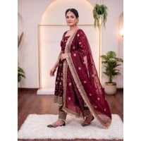 LFH MF DN 507 Anarkali Gown Pent Dupatta Set With Heavy Fandy Silk Embroidery Sequence Work Maroon