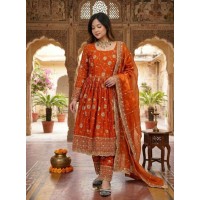 LFH MF DN 507 Anarkali Gown Pent Dupatta Set With Heavy Fandy Silk Embroidery Sequence Work Orange