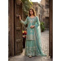 LFH WW DN 1268 New Designer Trending Kurta Sharara Dupatta Set With Embroidery Sequence Work Sky Blue
