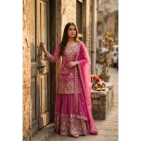 LFH WW DN 1268 New Designer Trending Kurta Sharara Dupatta Set With Embroidery Sequence Work Pink