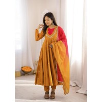 LFH ZF DN 5023 Anarkali Gown Pent Dupatta Set Roman Silk With Embroidery Sequence and Real Mirror Work Orange|Red