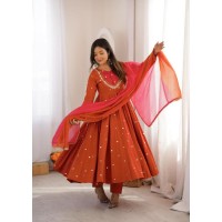 LFH ZF DN 5023 Anarkali Gown Pent Dupatta Set Roman Silk With Embroidery Sequence and Real Mirror Work Pink