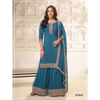 Palazzo Suit DN 2116 Kurta Palazzo Dupatta Set Viscouse Dola Silk with Heavy Embroidered Sequence & Coding Work Cyan