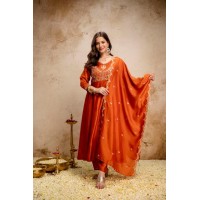 RUKSHA WOMEN'S PURE VICHITRA SILK KURTA SET'S LIGHT ORANGE