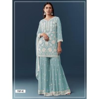 Kurta Sharara Dupatta Pair Chiffon Georgette with Heavy Embroidered Viscose Thread & Zari work And Khatli work Sharara Suit DN 727 Sky Blue